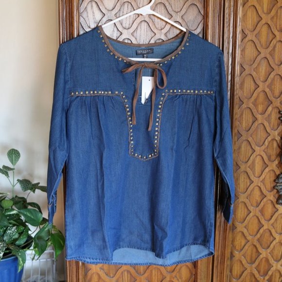 Hannah Tie Neck Denim Studded Peasant Top Tunic  – NWT! - Picture 2 of 13